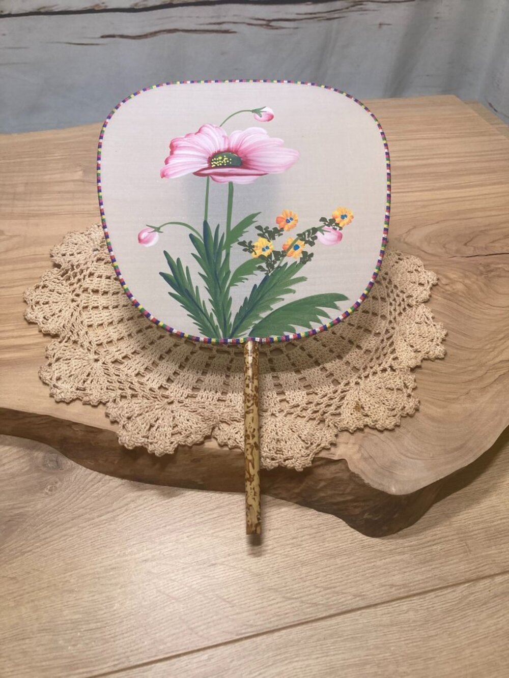Vintage Hand Painted Silk Paddle Fan Bamboo Handle Asian Boho Chinoiserie Art